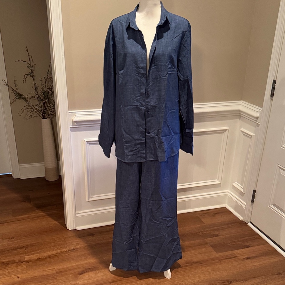 Blue Button-Up Shirt and Pants Set